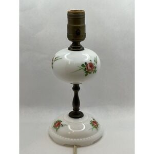 Milk Glass Table Lamp With  Pink Floral‎ Design 10" Tall  Electric Cord Vintage